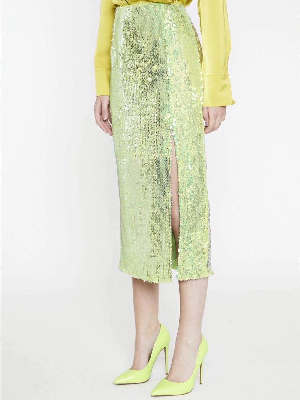 GLAMOROUS ~ Iridescent-Lime-Sequin Side-Split Midi-Skirt ~ Size M
